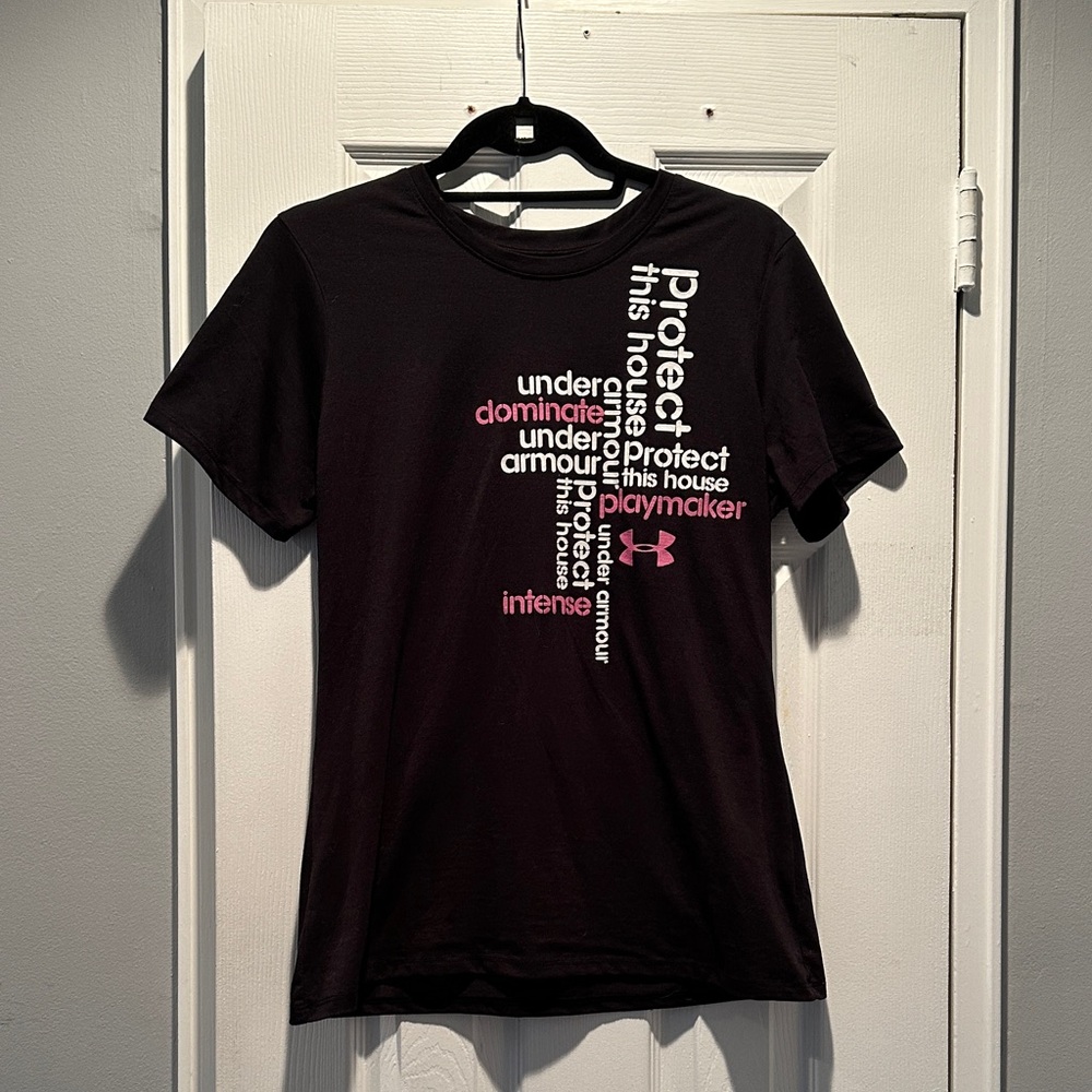 Under Armour Black Tee with Pink and White Text